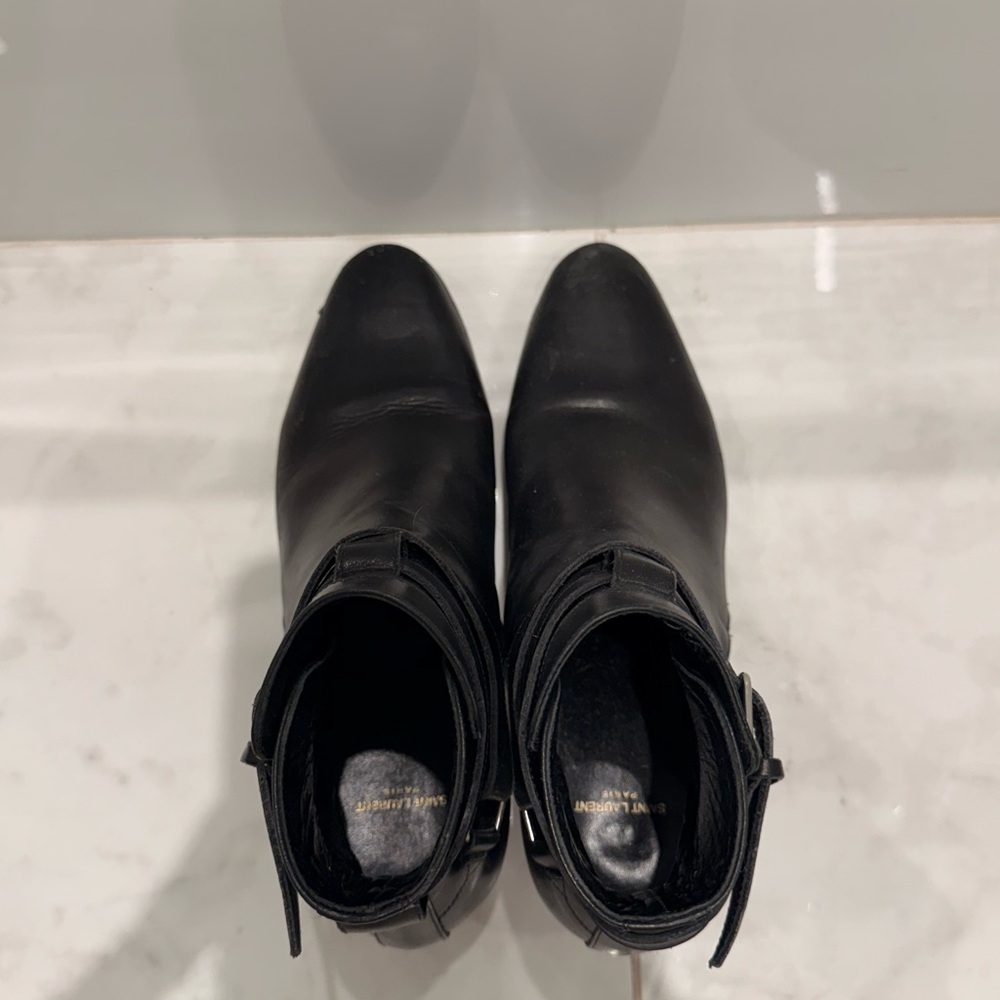 Saint Laurent Black Leather Ankle Booties with Buckle Straps - Picture 8 of 12